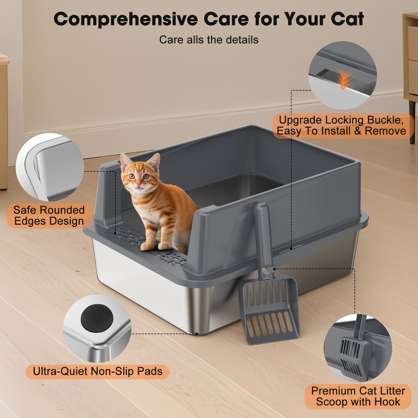 Stainless Steel Litter Box with High Sides: Top Entry Cat Litter Box for Small Mulit Big Cat, Anti-Urine Leakage, Non-Stick Bottom, 17in, Dark gray