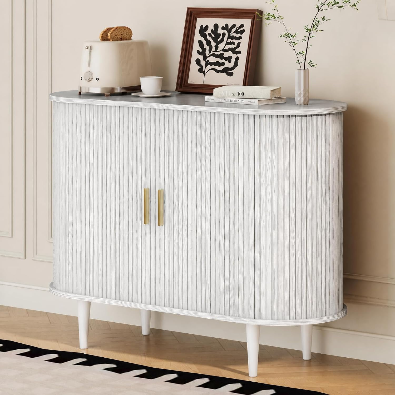 Sideboard Buffet Cabinet with Storage Mid Century Modern Fluted Accent Coffee Bar Console Table Tambour Sliding Doors& Adjustable Shelf for Kitchen Living Room Entryway (White 40 Inch)