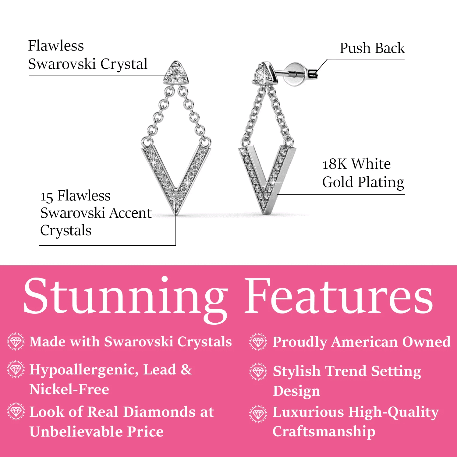 Cate & Chloe Francesca 18k White Gold Plated V Shape Drop Earrings with Swarovski Crystals for Women