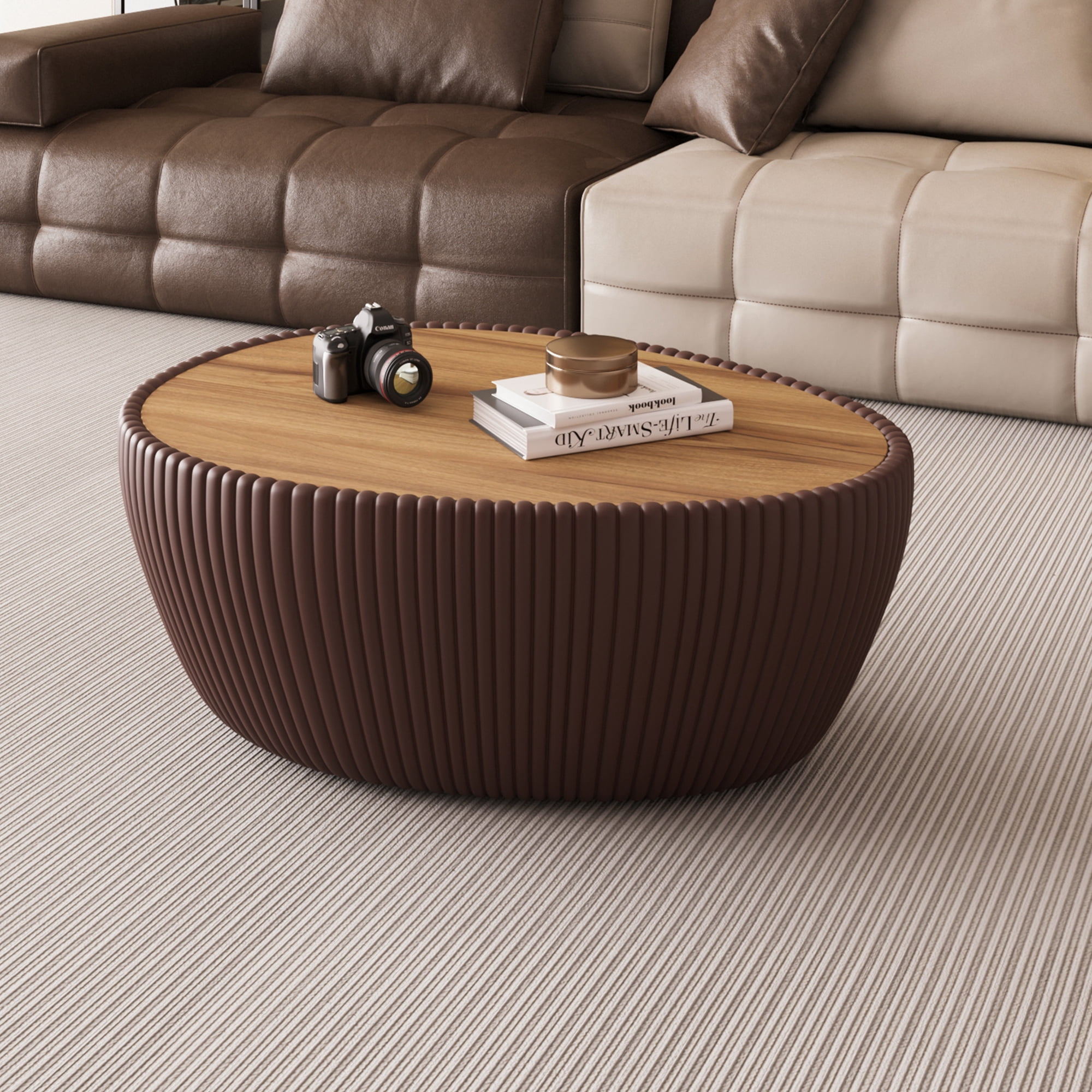 Leumius Modern Coffee Table, Sintered Stone Goose Eggs Shape Leather Sofa End Table, Luxurious Side Table for Home Decor Living Room Coffee