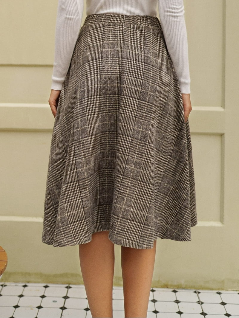 WTef Women's Skirt Plaid A-Line Pleated Midi Skirt High Elastic