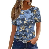 Floral Print Tops for Womens，Summer Womens Scooped Neck Tees Short Sleeve Shirts Loose Fitted Tunics Blouses Ultra Soft Textured Tops Lounge Breathable T-Shirts Running Cycling Workout Outfits