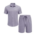 thumbnail image 3 of 2 Piece Casual Beach Outfits for Men Short Sleeve Button Down T-Shirts Shorts Outfits Lapel Collar Drawstring Solid Color Outfit Casual Loose Walking Summer Holiday Outfits Tracksuit,Light Purple XL, 3 of 3
