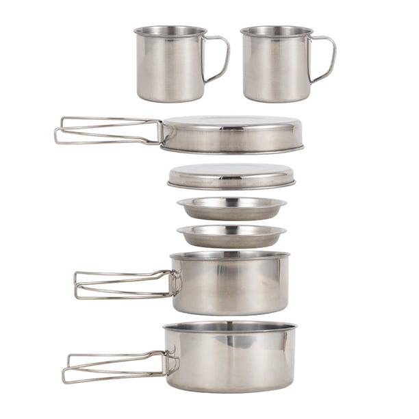 Paquete de 8 utensilios de cocina para acampar al aire libre 410 Acero inoxidable Backpacking Backpacking Potes PANTENCIAS DE CAZA Pesca Barbacoa Cocina Conjunto de tazas Inevent OD012027-00B