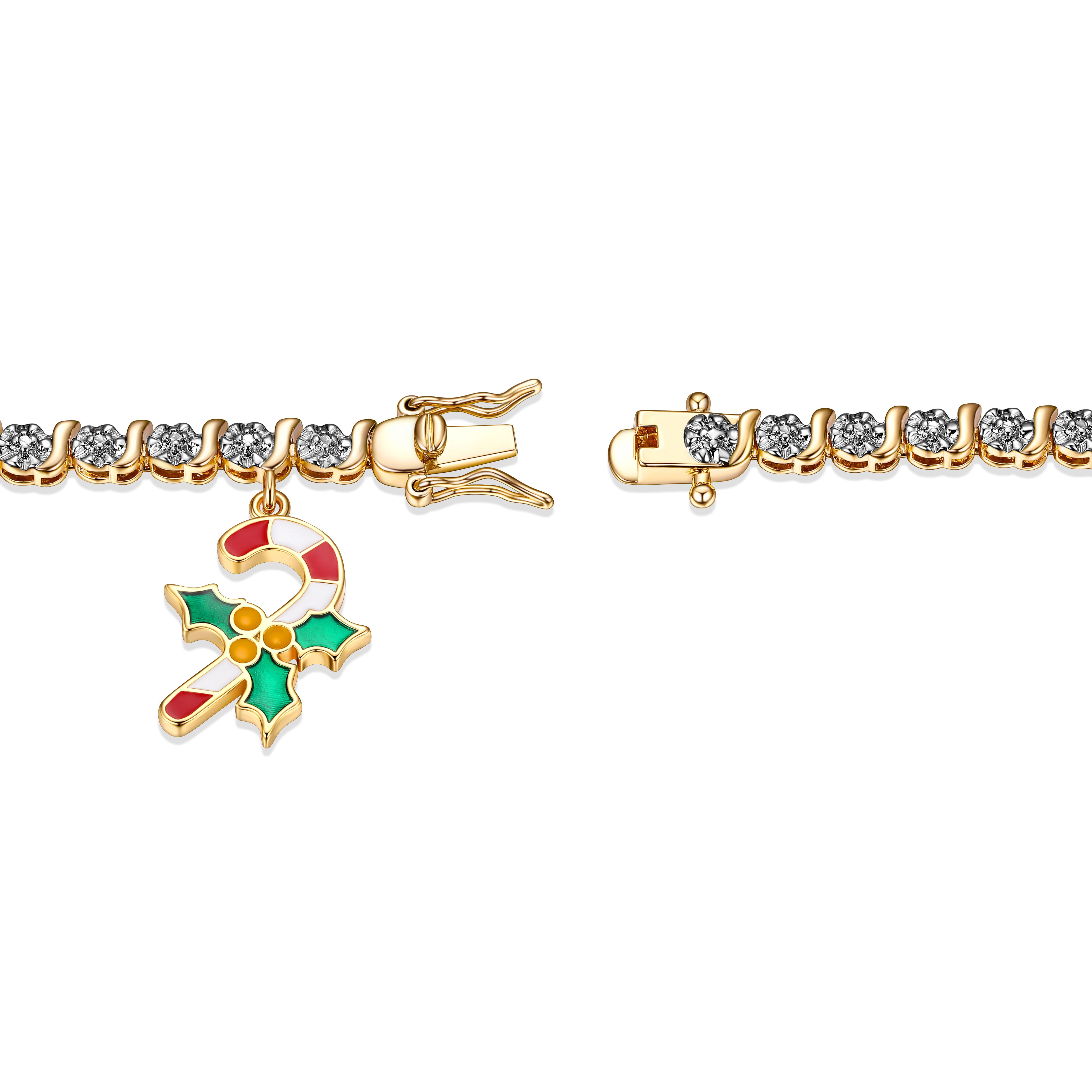 Fine Silver Plated Diamond Accent "S" Link Gold Tone Tennis Bracelet With Enamel Holiday Candy Cane Charm 7.25"