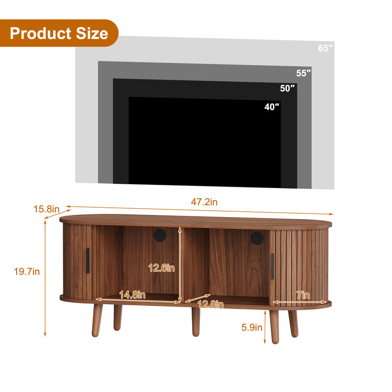 Mid-Century Modern TV Stand, Media Console with 4 Storage Compartments & Sliding Doors,Entertainment Center for TVs up to 65 Inch,Wood Adjustable Shelves for Living Room,Bedroom