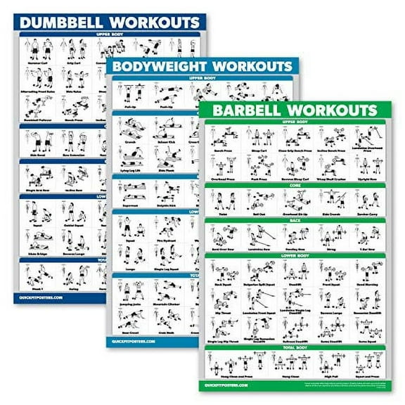 Quickfit Dumbbell Workouts   Bodyweight Exercises   Barbell Routine set 24" x 18" Posters (3 Pack)