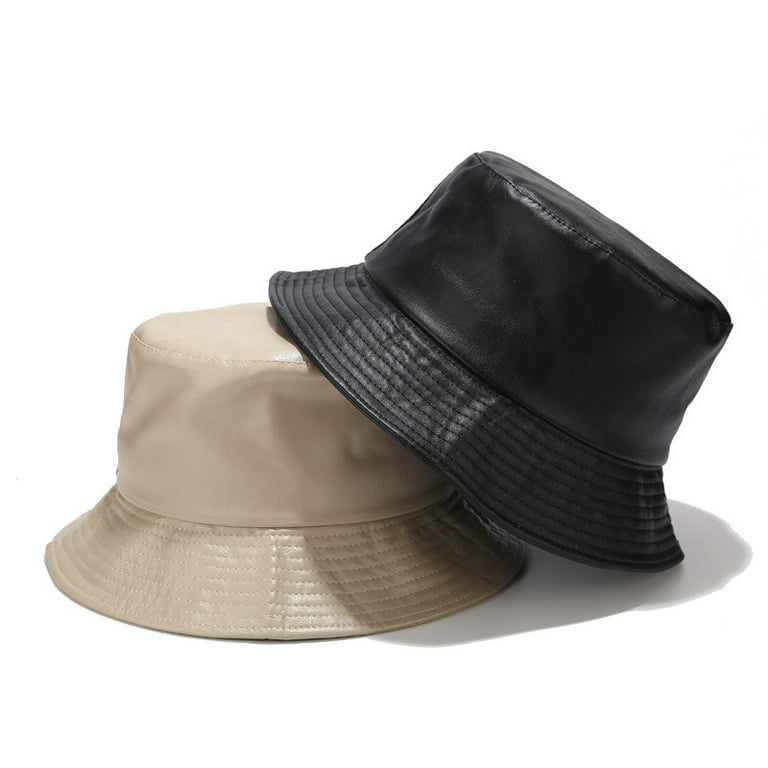 PIKADINGNIS Outdoor Fashion PU Bucket Hat Leather Fishing Cap Soild  Foldable Hiking Hat Hip-Hop Street Waterproof Panama for Women and Men 