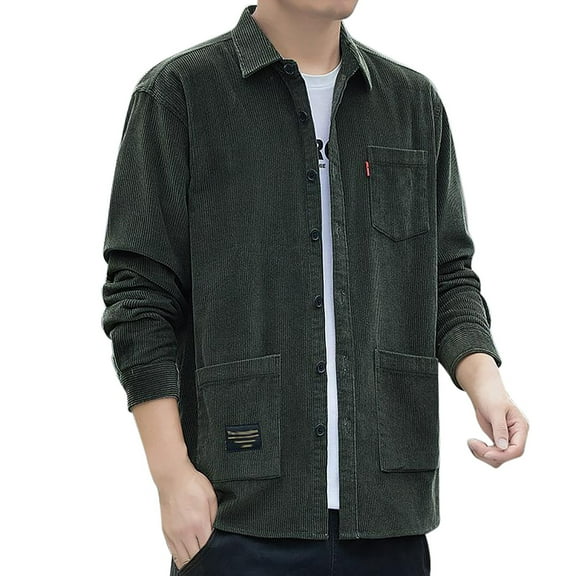LIIPEE Men Shirts Casual Solid Color Long Sleeve Lapel Button Down Corduroy Shirt With Pockets Male Classic Fit Fashion Texture Cargo Tops Comfortable Breathable Soft Daily Shirts,Army Green,L