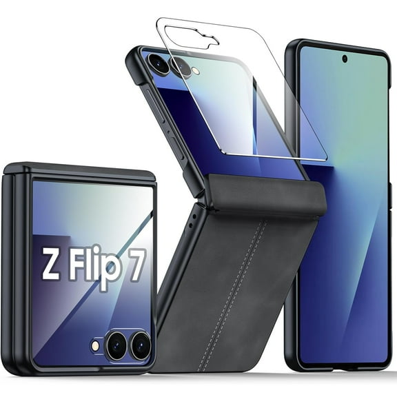 Dteck for Samsung Galaxy Z Flip 7 Case with Hinge Protection & Built-in Screen Protector, Ultra Thin Stylish Leather Matte PC Durable Shockproof Cover Phone Case for Galaxy Z Flip 7,Black