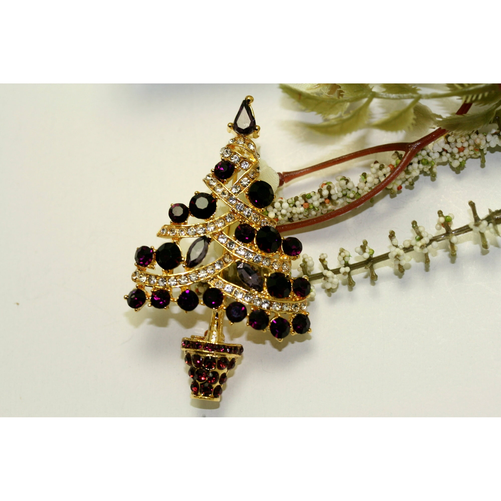 GORGEOUS PURPLE Rhinestone Christmas Tree Pin Brooch, Rich Holiday Xmas Tree Jewelry Gift