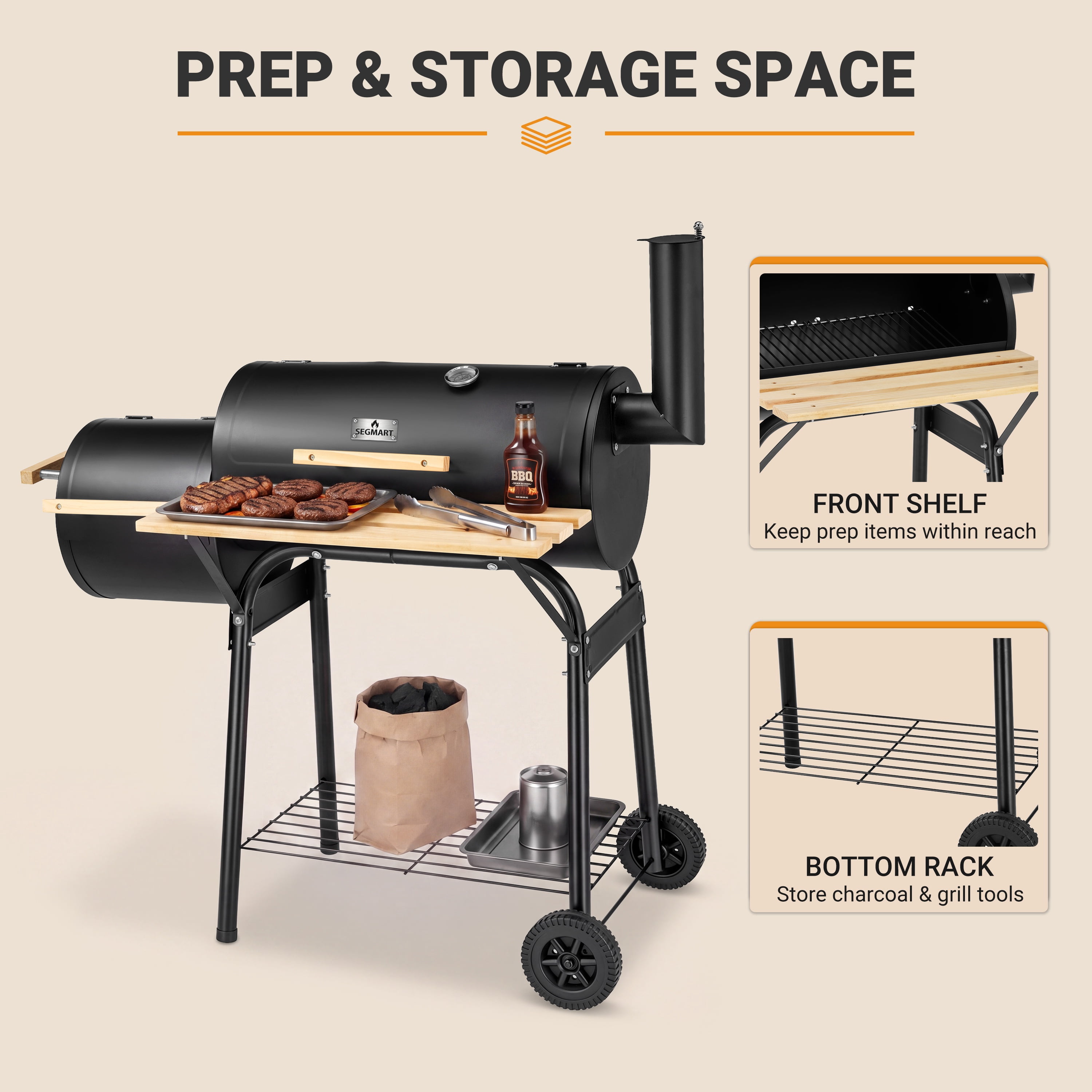 Segmart Charcoal Grill with Offset Smoker, Portable Outdoor Barrel Grill with Front Shelf, Built-In Thermometer & Wheels, 338 Sq. In. Cooking Area, Ideal for Backyard Patio BBQ