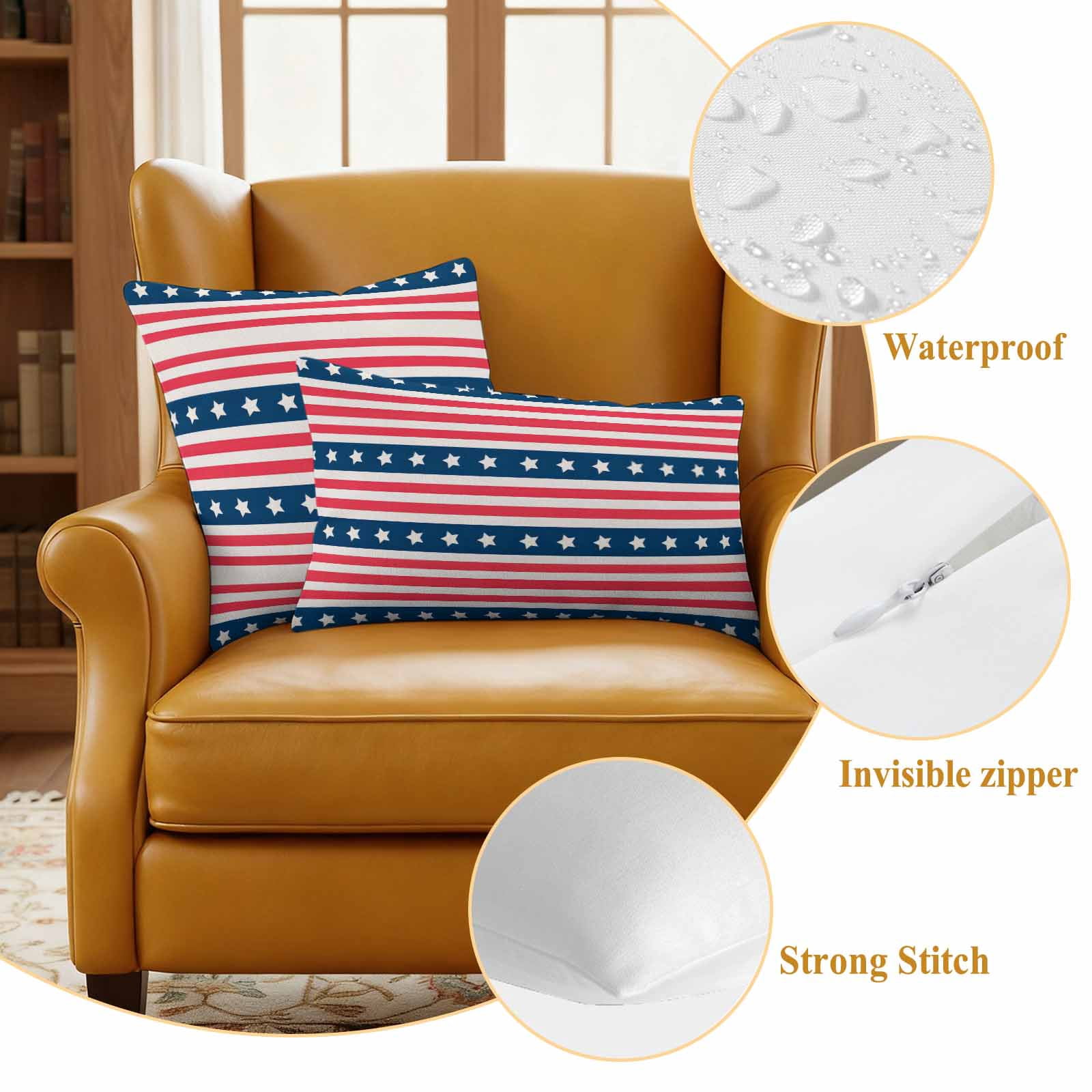 4th of July Outdoor Waterproof Pillow Covers, Independence Day Patriotic Red Blue Striped Decorative Square Throw Pillowcase Sofa Cushion Sham for Patio/Couch/Chair, 16"x16" 2 Pack