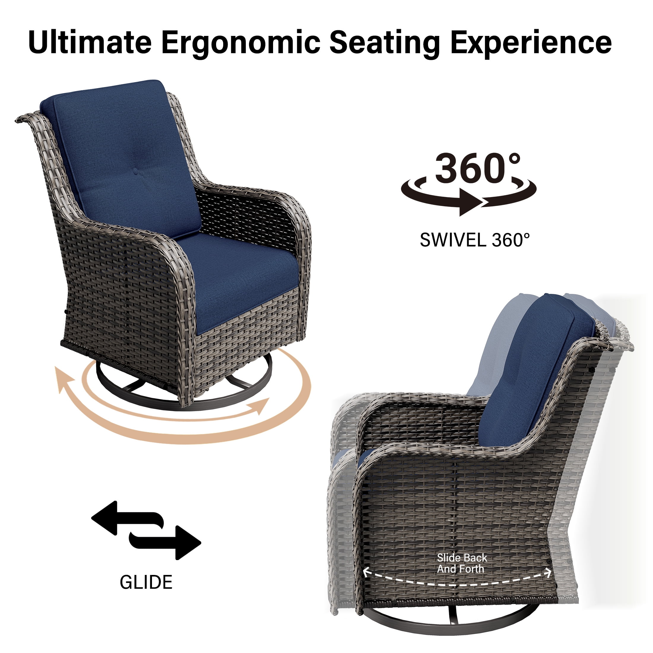 MeetLeisure 11 Piece Wicker Patio Furniture Set, Outdoor Swivel Rocker Chairs, Patio Sofa 3-Seat, High Back, Deep Seating, Wide Armrest, Thick Cushions for Deck Porch, Dark Blue