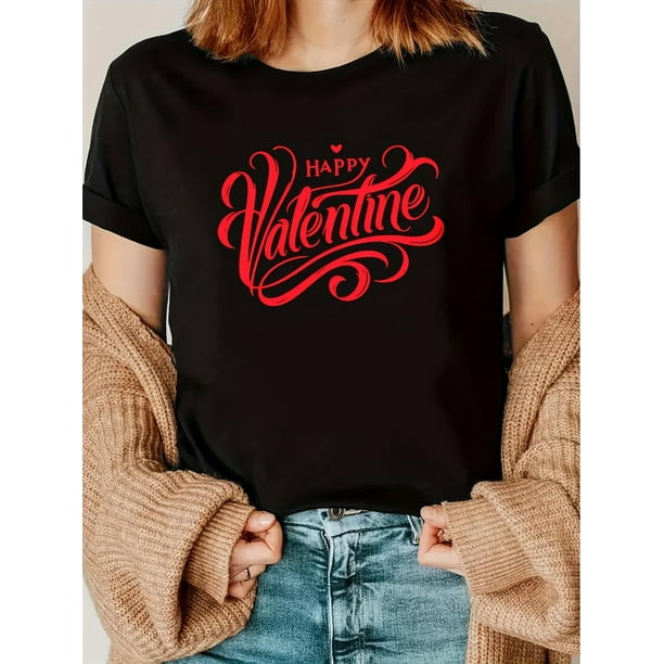 Happy Valentine'S Day Casual T-Shirt, Knit Fabric with Medium Stretch, Crew Neck, Printed Love HeartCamisetas para mujer, lindas camisetas con estampado gráfico, de manga corta, estilo casual, para ve