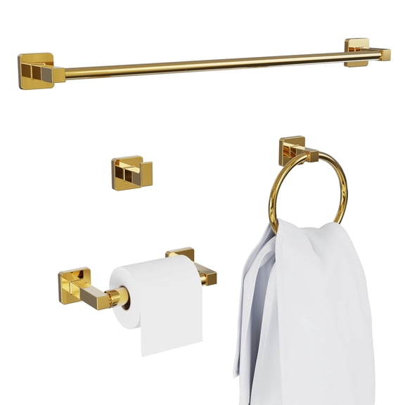 PAIHOME 4-Piece Rectangular Bathroom Hardware Set, Bathroom Accessories with 24 in. Towel Rack Bar, Ring, Holder, Hook in Gold
