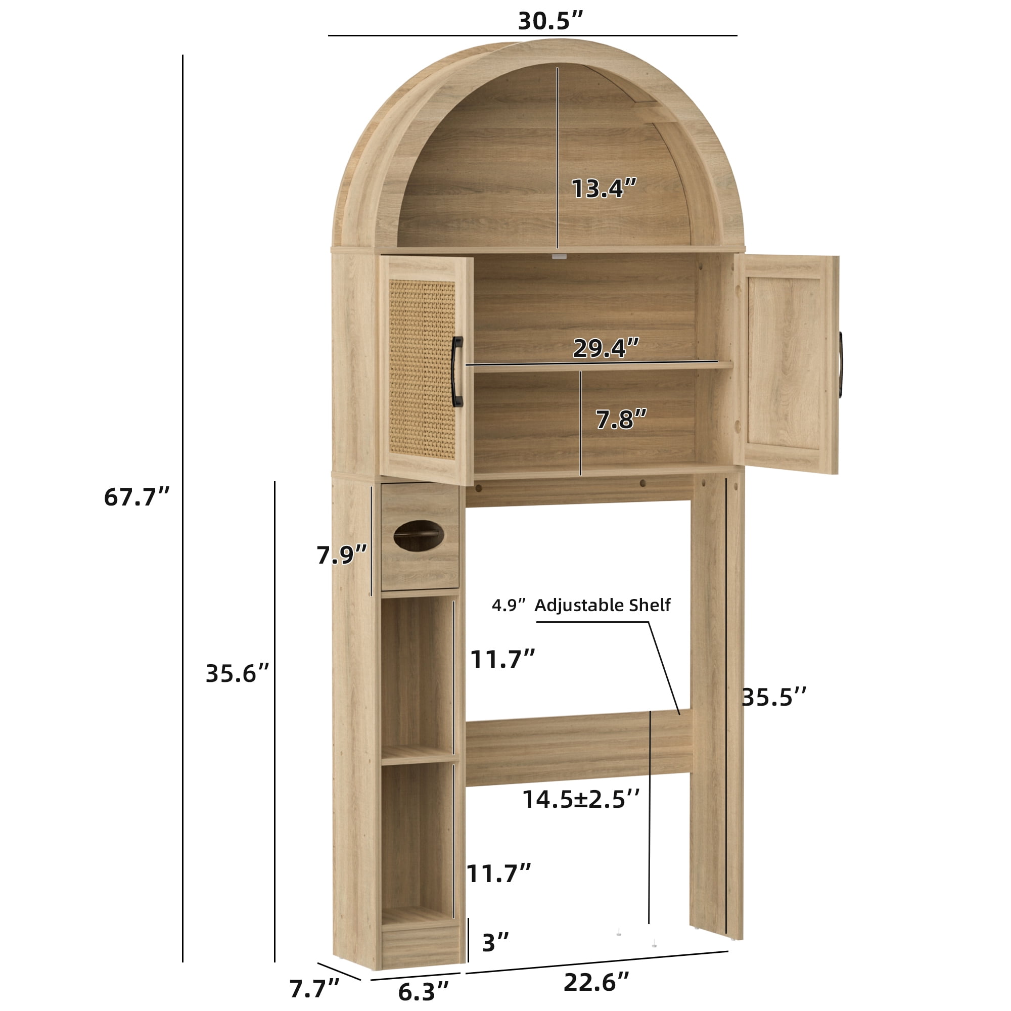 AHB Over Toilet Storage Cabinet with Arc Design, Freestanding Bathroom Organizer with Doors, 7.7"D x 30.5"W x 67.7"H, Wood Color