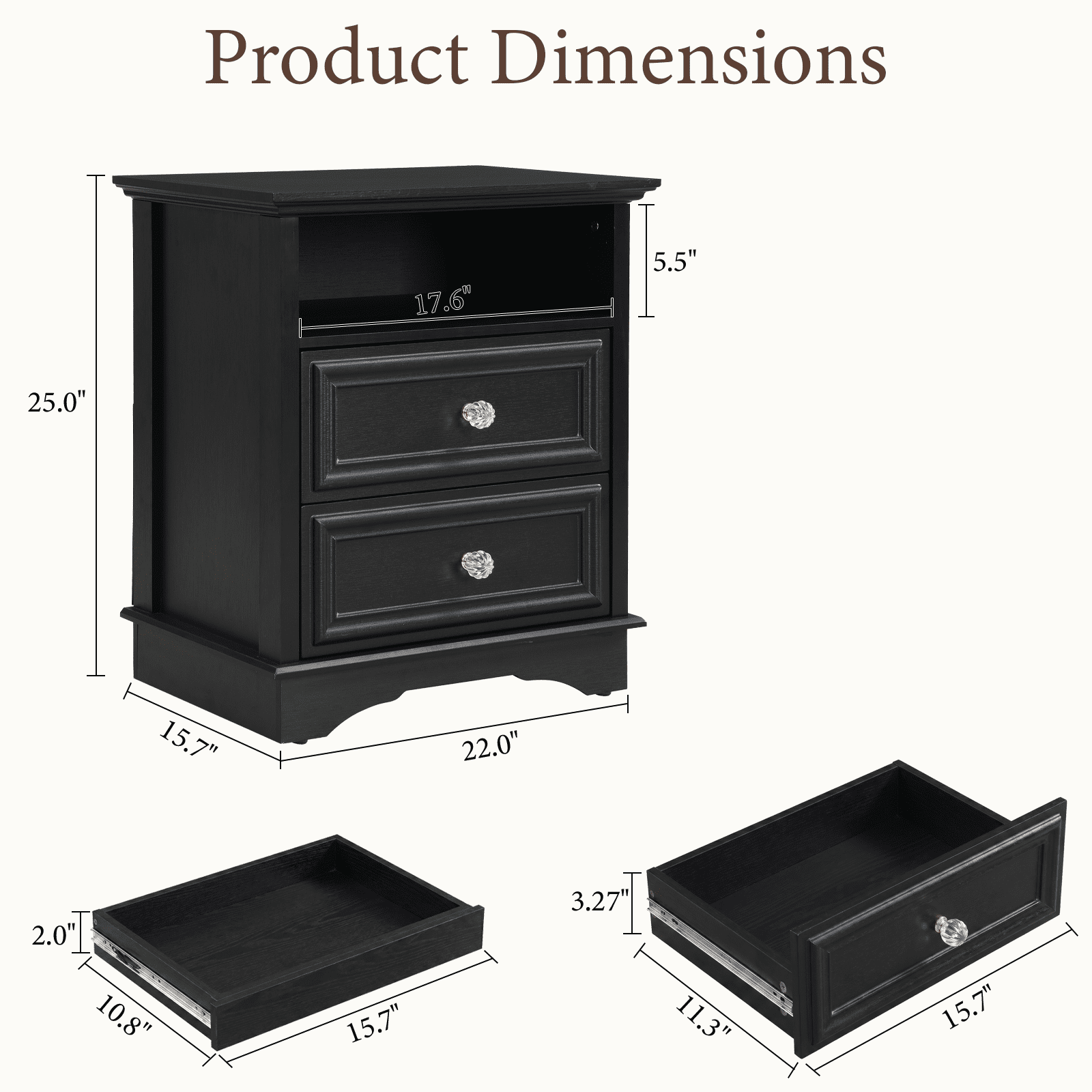 Brafabhome Set of 2 Nightstands with 2 Drawers, Mid-Century Bedside Table with Open Storage Shelf and Hidden Drawer for Bedroom Living Room | Black