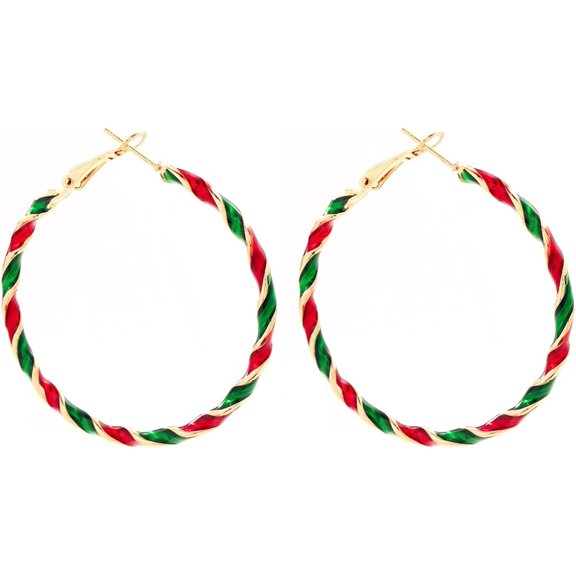 Christmas Candy Hoop Earrings Elegant Enamel Red Green Twisted Big Round Circle Wreath Lightweight Chic Dangle Drop Earrings for Women Xmas Thansgiving Day New Year Winter Holiday Party Jewelry Gifts