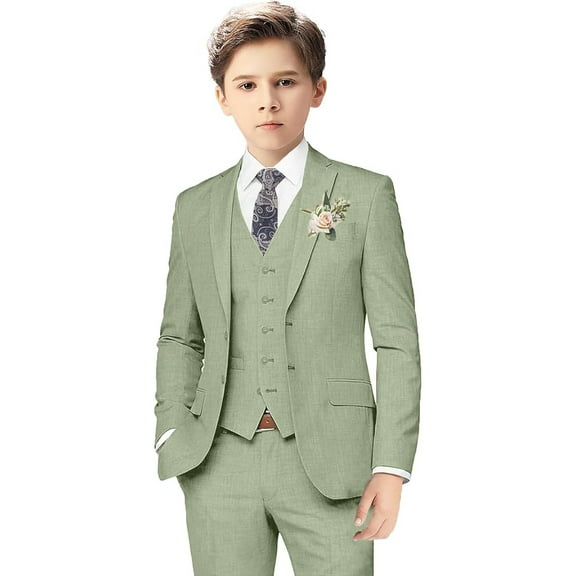 Boys Linen Suits for Kids Summer Slim Fit 3 Piece Beach Wedding Outfit Light Weight Tuxedo Linen Suit Set