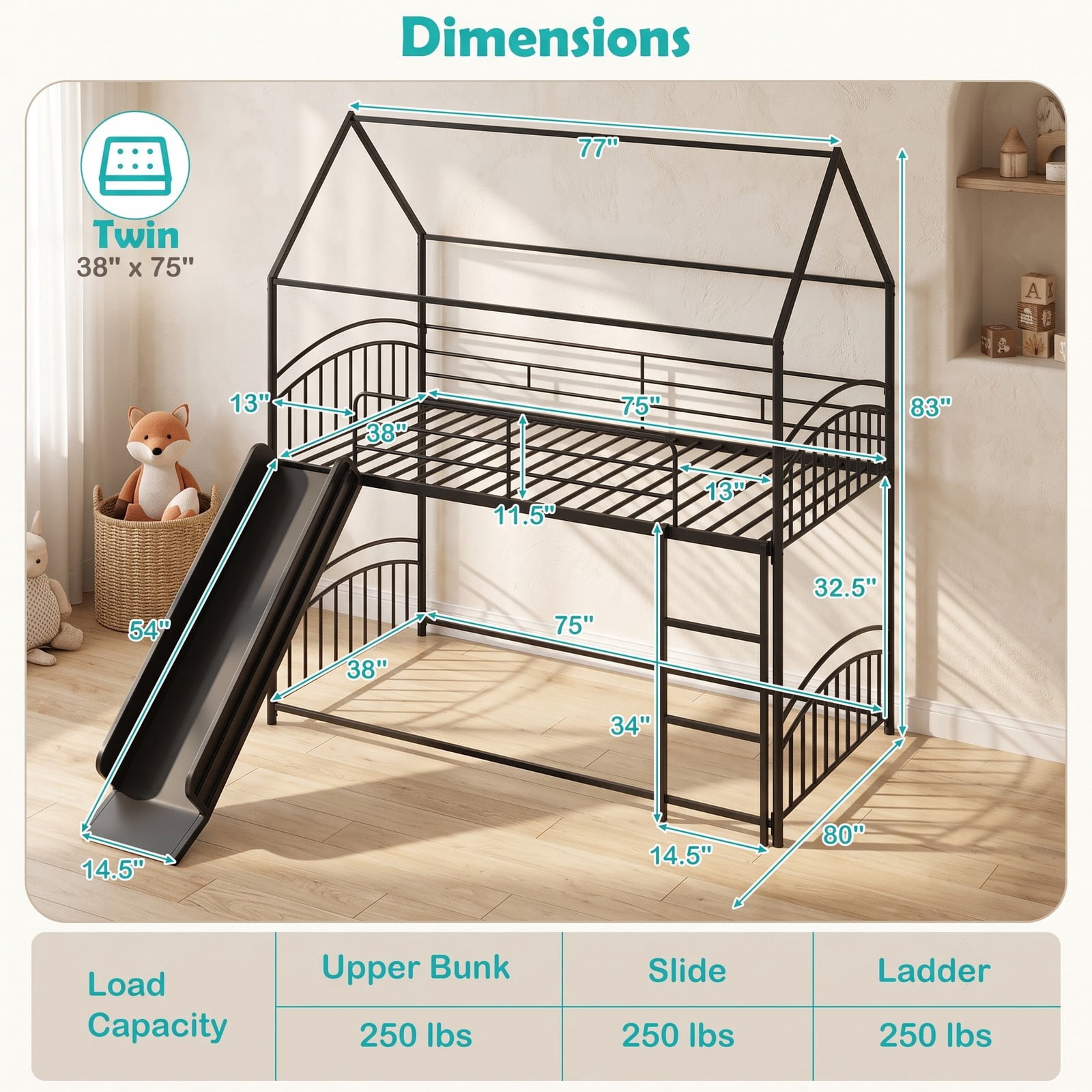 Furnibear Twin Over Twin House Bunk Bed with Slide Ladder and Heavy-duty Metal Slats for Kids and Shared Bedrooms, Black