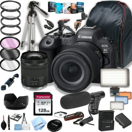Canon EOS R6 Mark II Mirrorless Digital Camera with RF 24-105mm f/4-7.1 STM Lens + 128GB Memory + LED Video Light + Microphone + Back Pack + Steady Grip Pod + Tripod + Filters + Software + More Canon EOS R6 Mark II Mirrorless Digital Camera with RF 24-105mm f/4-7.1 STM Lens + 128GB Memory + LED Video Light + Microphone + Back Pack + Steady Grip Pod + Tripod + Filters + Software + More