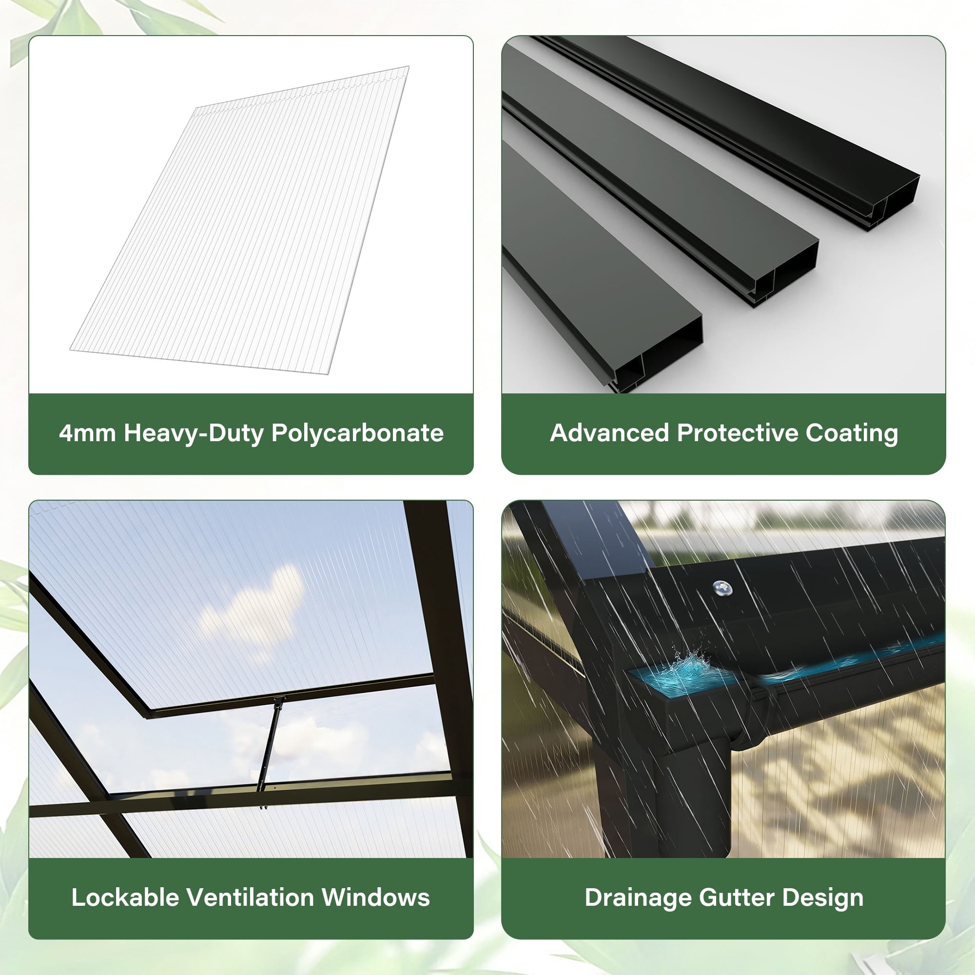 PABIMIA 8x10 FT Polycarbonate Outdoor Greenhouse, Aluminum Walk-in Greenhouse with Roof Vent, Black