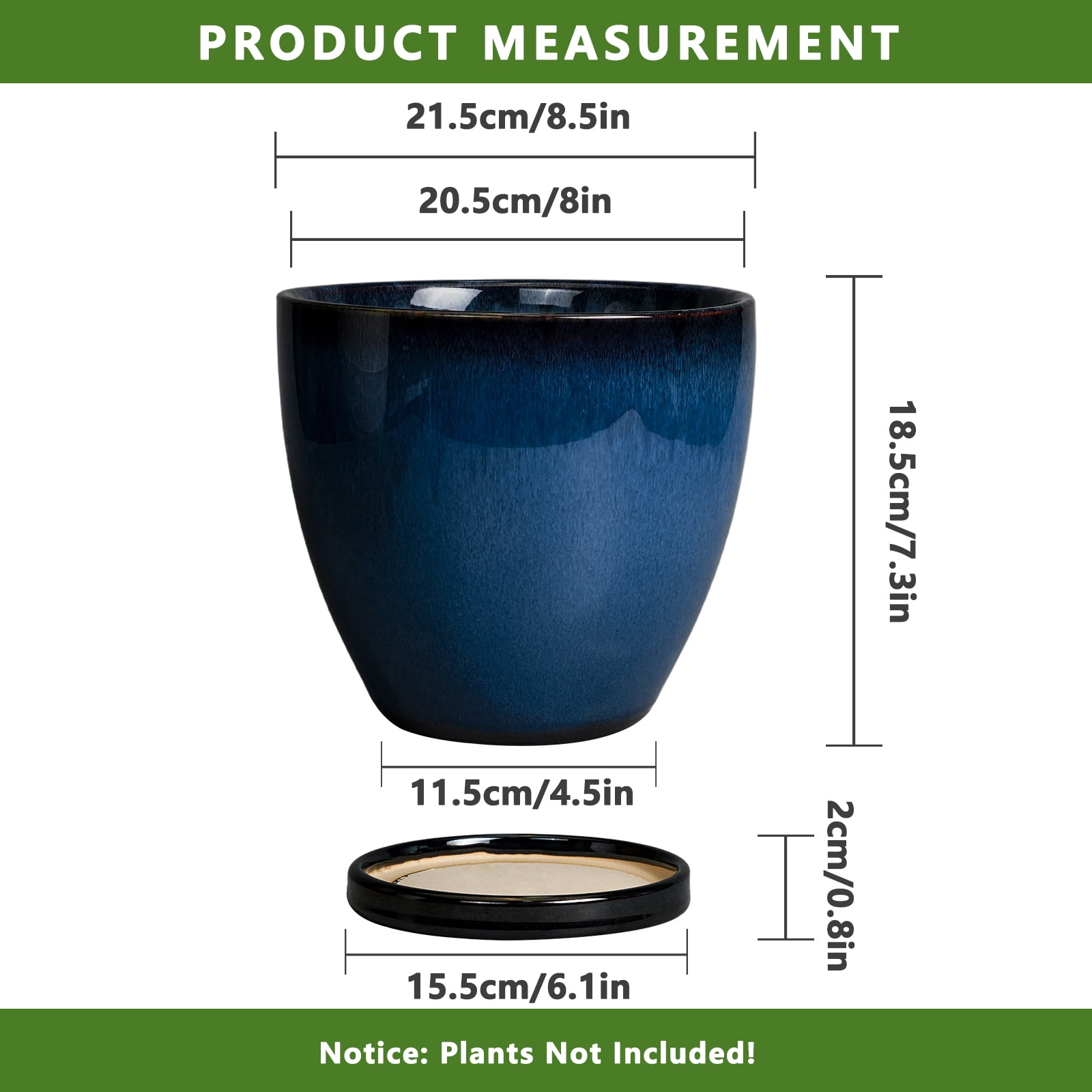 EPFamily 8 Inch Blue Ceramic Planter with Drainage Hole and Saucer – Modern Flower Pot for Indoor Plants, ZZ Plant, Peace Lily