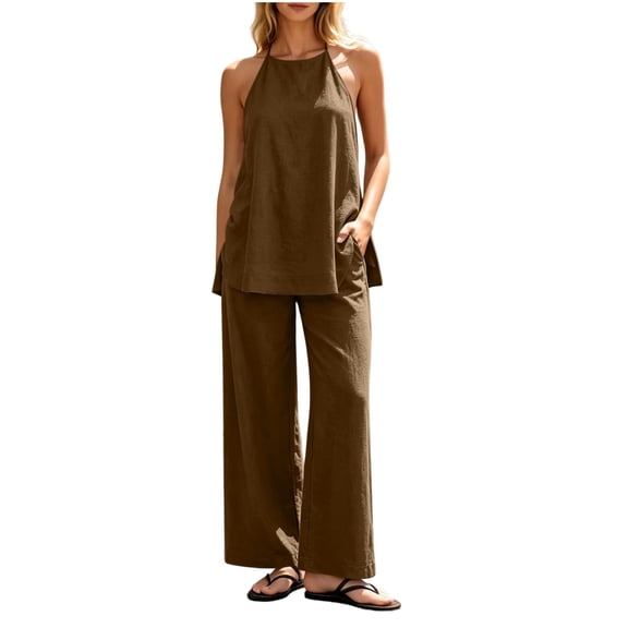 AHTJRT Linen Lounge Sets for Women 2 Piece Spaghetti Strap Tank Tops Matching Wide Leg Pockets Pants Summer Casual Vacation Outfits Brown S