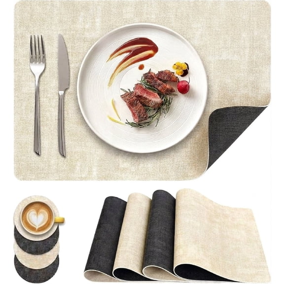 IRuiYinGo Placemats Set of 8 Dual-Sided Faux Leather Table place Mats- 4 Placemat & 4 Coasters Wipeable Vinyl for Kitchen Table Linens, 17x12 inch Rectangle Beige Deep Gray