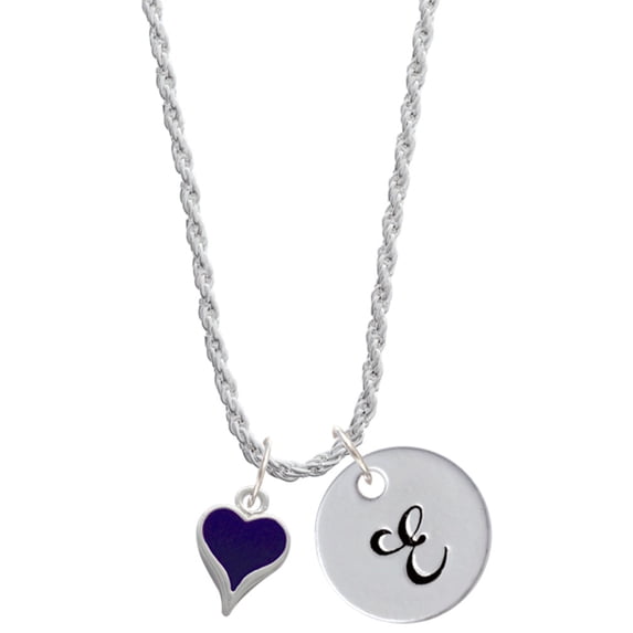 Delight Jewelry Silvertone Small Long Purple Heart Silvertone Script Initial Disc - E - Charm Necklace, 20"+3"