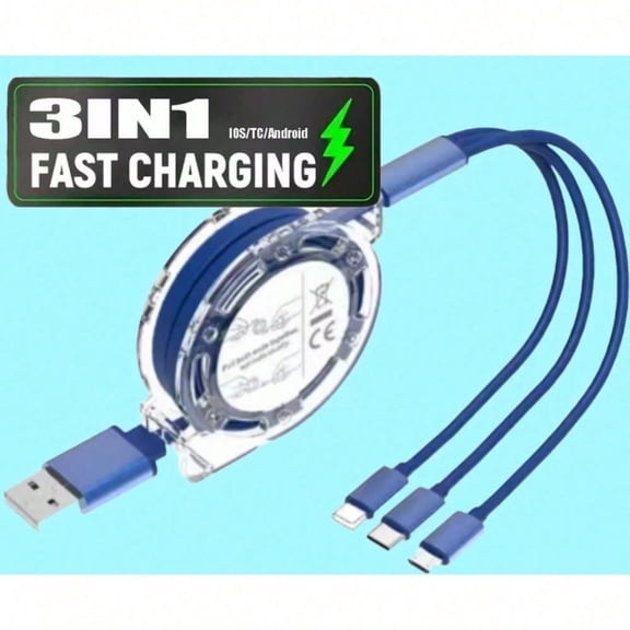 A 100W Max Blue Crystal 3-in-1 USB Charging Cable, a retractable and portable 3-in-1 Micro USB Type-C charging cable, compatible with all smartphones.