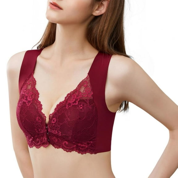 Spdoo Women Plus Size Lace Bra Wine Red Front Closure Padded Push up Bra