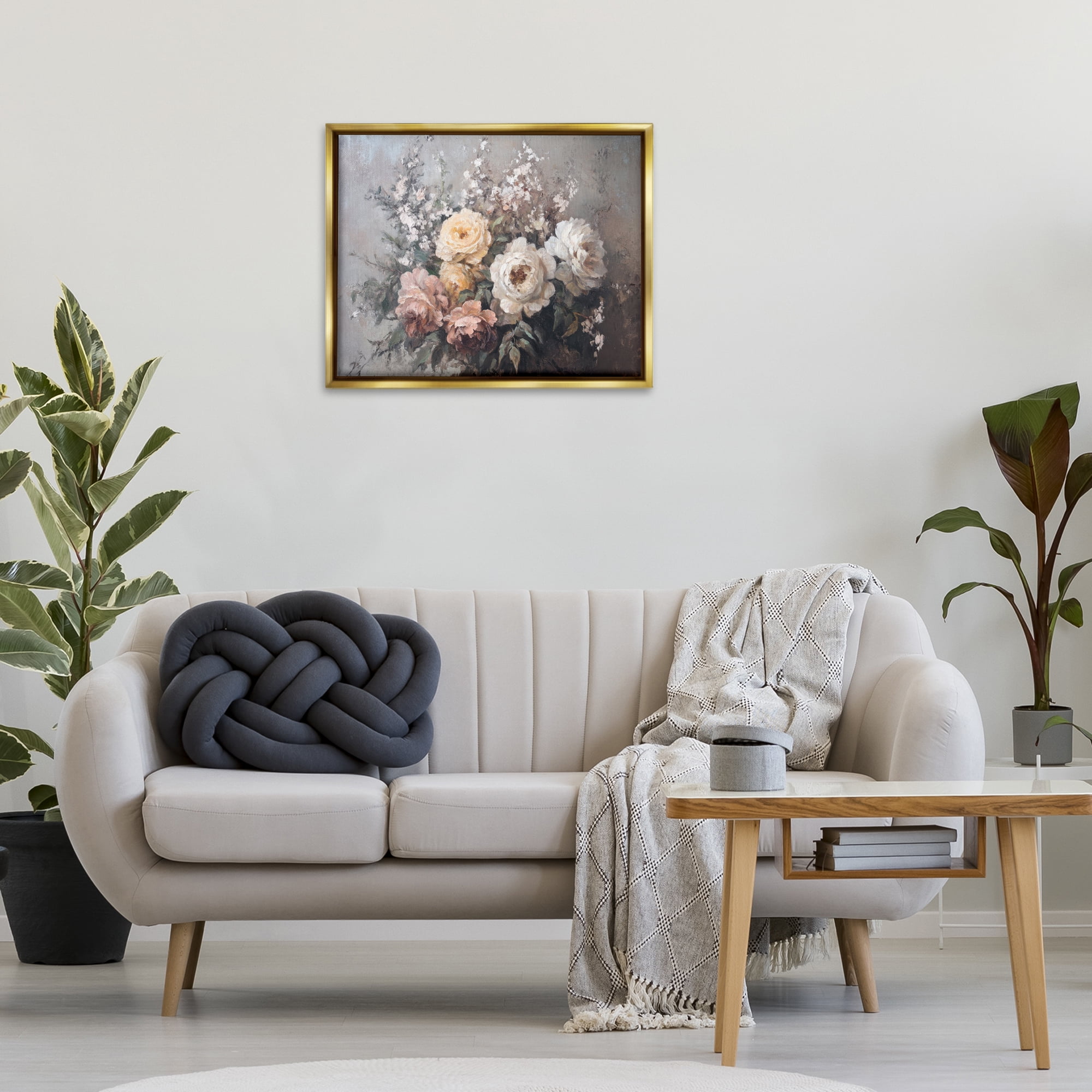 Stupell Industries Roses & Peonies on Gray Plants & Flowers Painting Gold Floater Framed Canvas Art Print Wall Art, 31 x 25