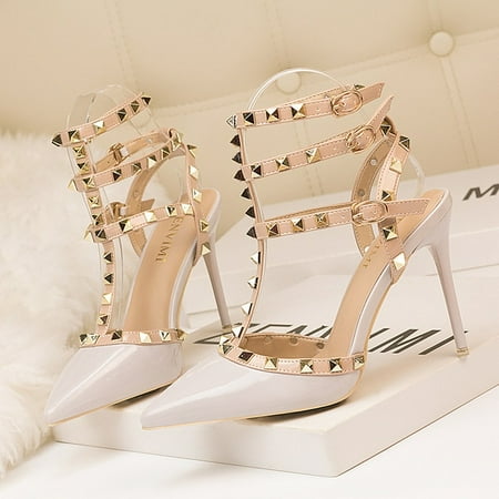

Women s shoes Roman fashion rivet sandals 10CM PUMPS Sexy nightclub stiletto heels patent-leather metallic rivet hollow