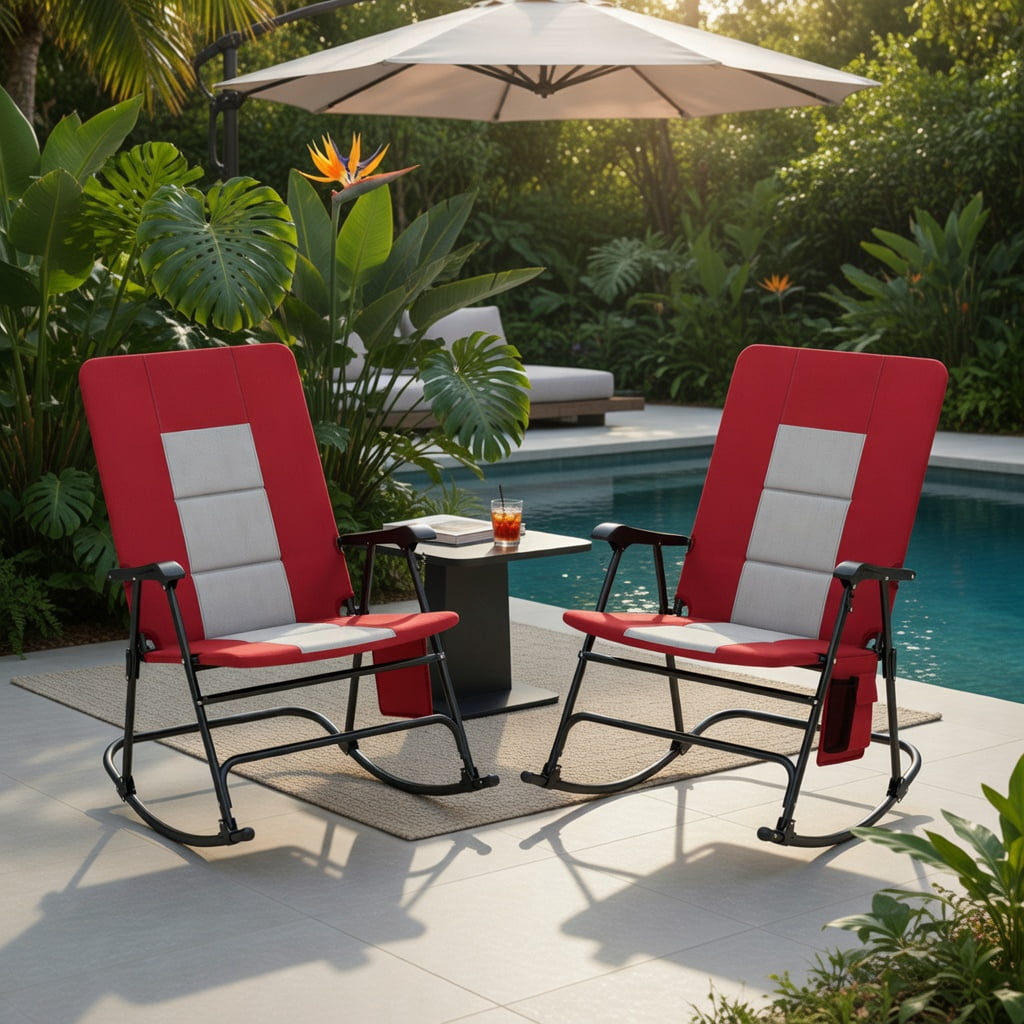 Hommoo Foldable Rocking Camping Chair with Padded Backrest, Armrests & Cup Holder, Outdoor Patio Lawn Chair, Red
