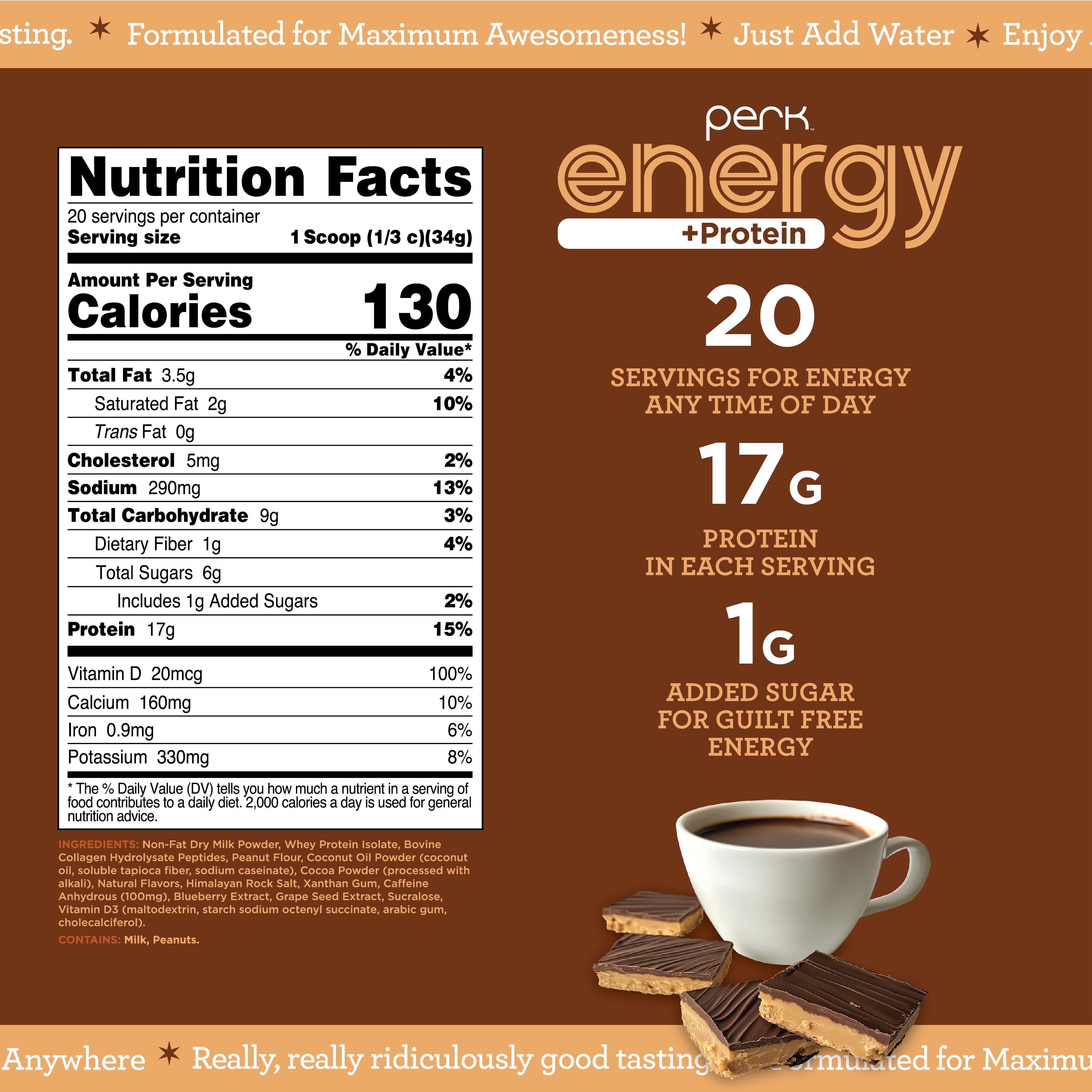Perk Energy + Extra Protein Powder (1.5 LB) Chocolate Peanut Butter - 100mg of Caffeine, 17g of Protein with Collagen, 100% DV Vitamin D, 20 Servings
