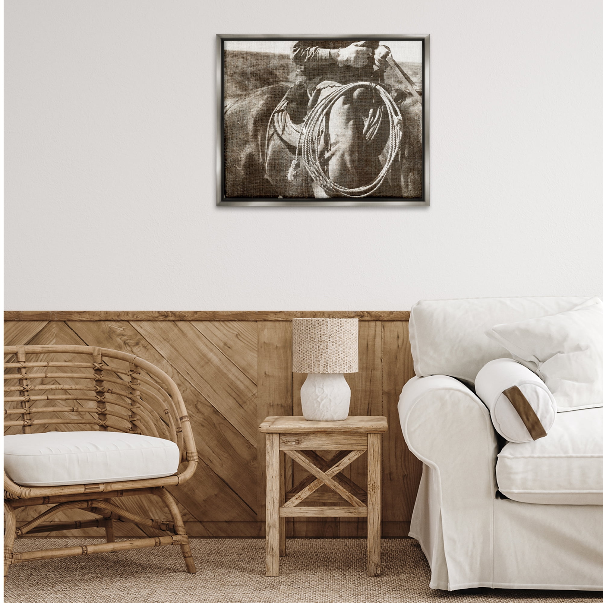 Stupell Industries Cowboy with Lasso Novelty Photography Gray Floater Framed Art Print Wall Art, 31 x 25