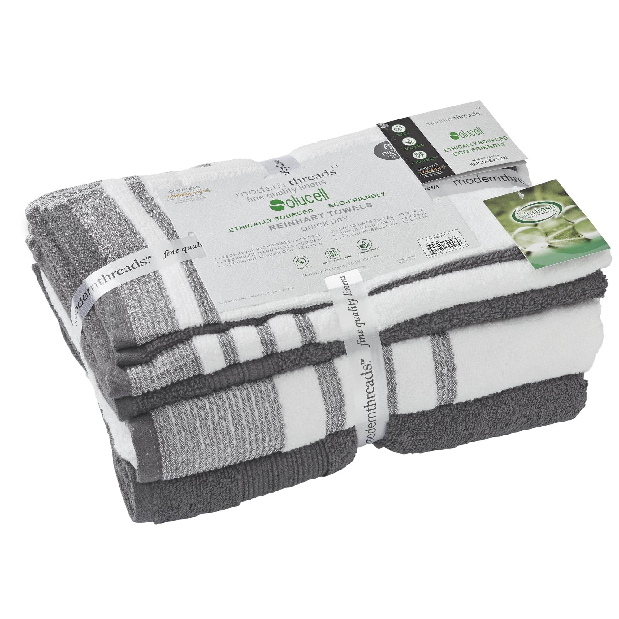 Modern Threads Reinhart 6-Piece Quick Dry Striped, Cotton Bath Towel Set, Coal Black
