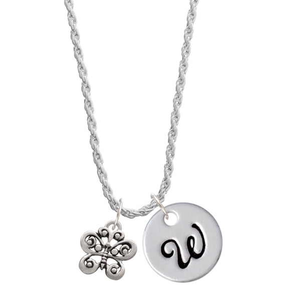 Delight Jewelry Silvertone Small Antiqued Butterfly Silvertone Script Initial Disc - W - Charm Necklace, 20"+3"