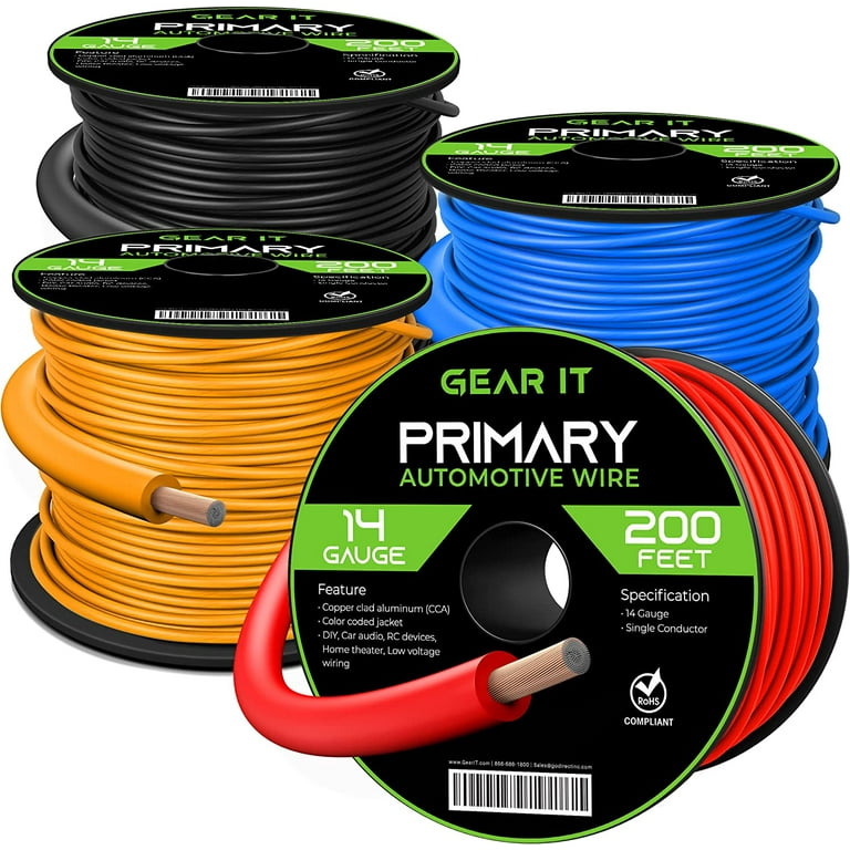 GearIT Primary Automotive Wire 14 Gauge (200ft Each- Black/Red/Blue/Yellow)  Copper Clad Aluminum CCA - Power/Ground Battery Cable, Car Audio, Wire