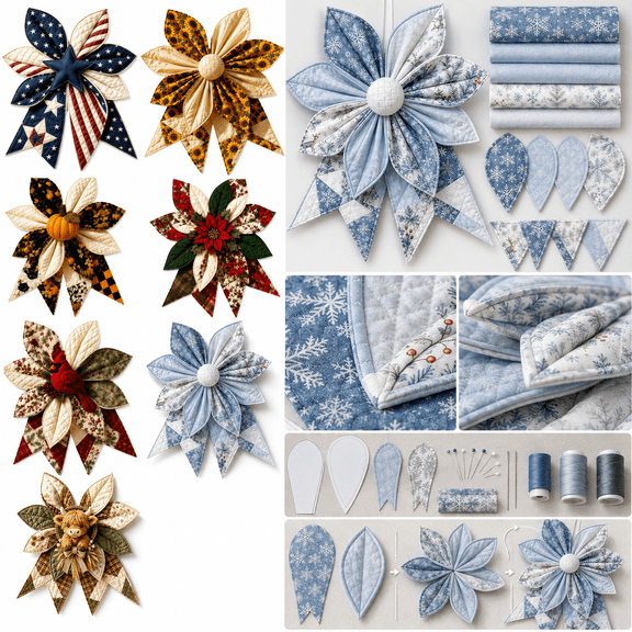 Large Patchwork Bow Sewing Kit, Farmhouse Fabric Bow Sewing Craft Kit, DIY Patchwork Kit for Adults Beginners with Pre-Cut Materials, Handmade Door Hanging Decoration for Holiday Home Decor, A