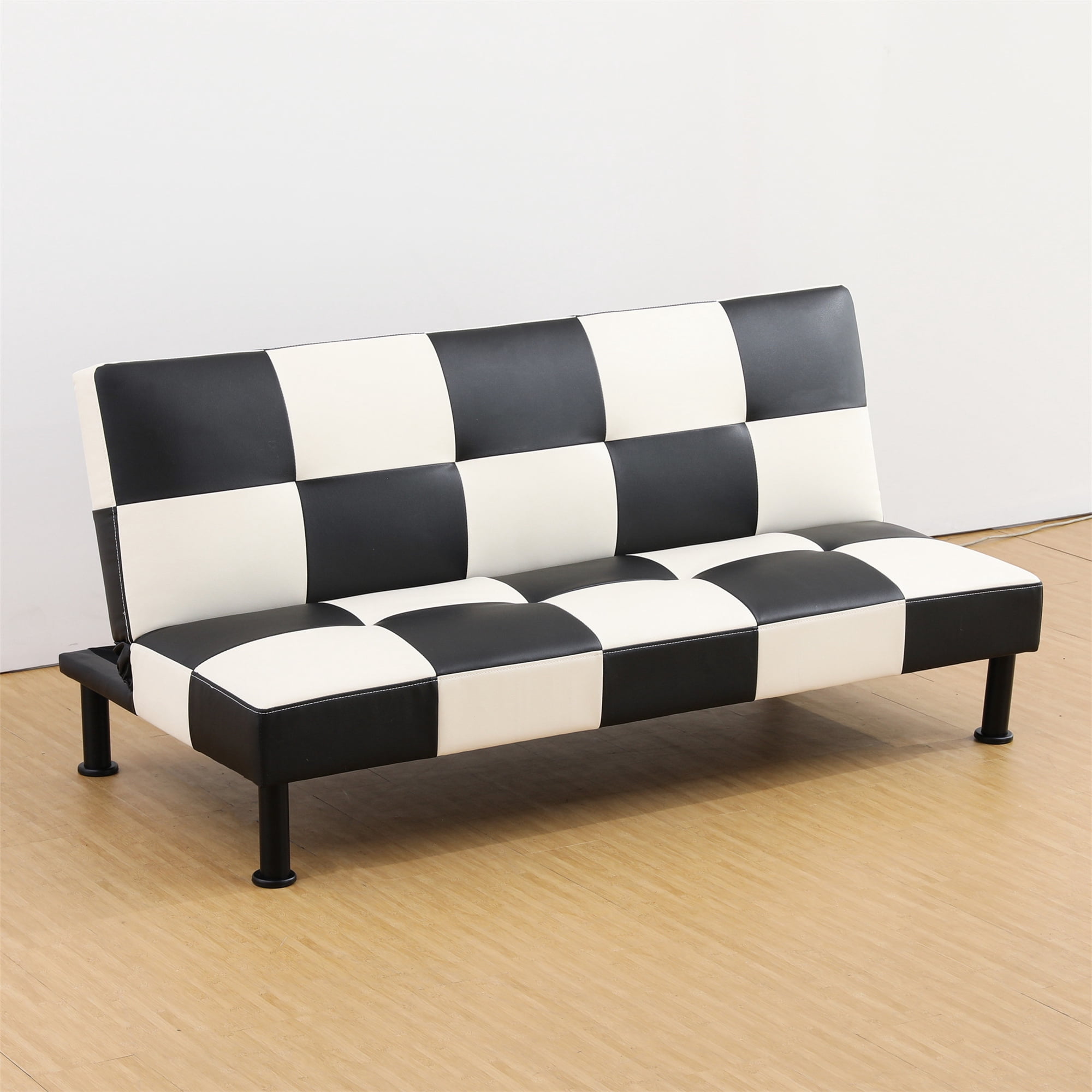 Aukfa Studio Futon Convertible Sofa Bed, Tufted Back, Leather, Black&White