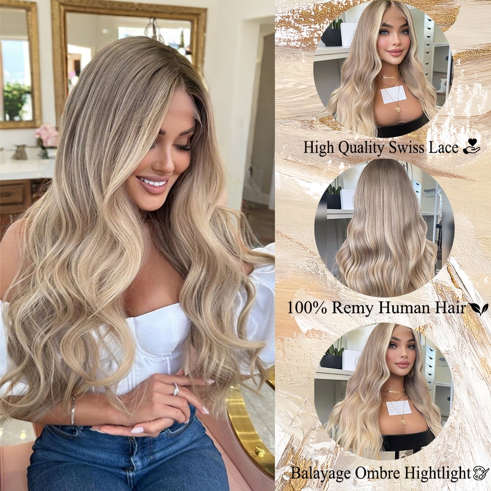 Elegant Ash Blonde Ombre Hightlight Body Wave Remy Human Hair Wig 13x4 Balayage HD Transparent Lace Front Wigs Human Hair Pre Bleached Pre Plucked Lace Frontal Human Hair Wig With Natural Hairline
