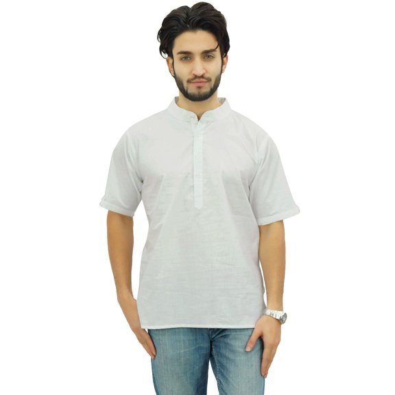Atasi Men's Mandarin Collar Cotton Short Kurta Casual Ethnic Shirt-Large