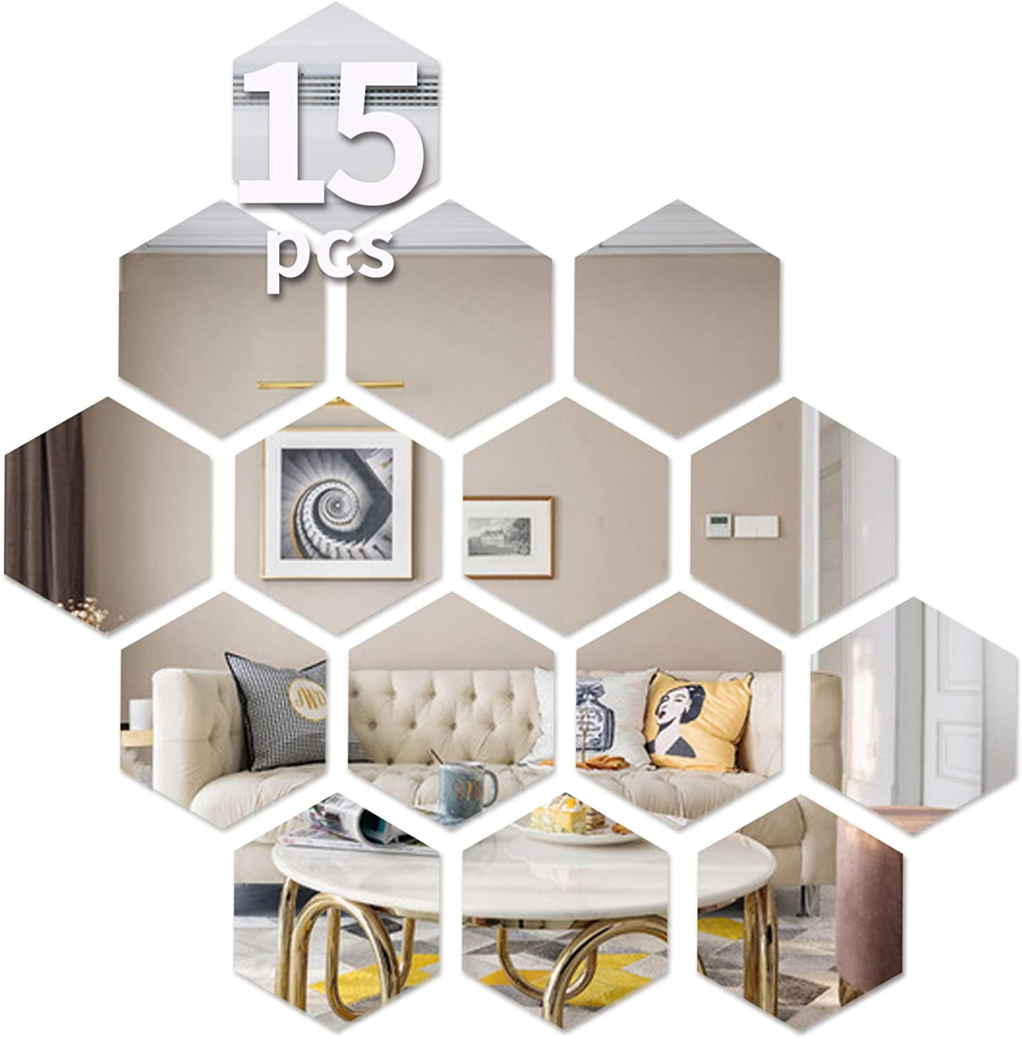 12 Packs of 3D Wall Stickers Plastic Hexagons Mirror Self-sticking Room Garnish