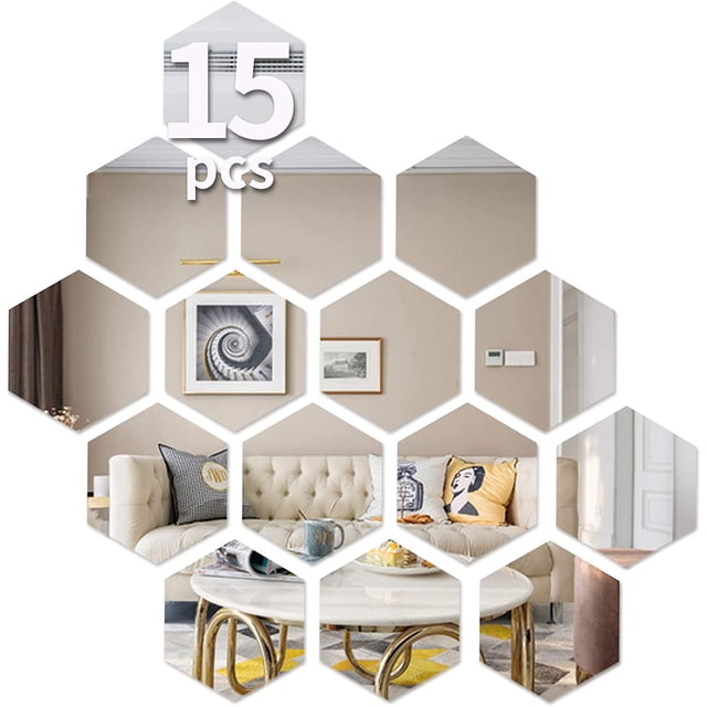 Calcomanías de pared hexagonales, pegatinas de espejo para pared, 15 piezas grandes de pegatinas de espejo acrílico extraíbles, decoración de pared 3D sin espejo de vidrio, azulejos de espejo de
