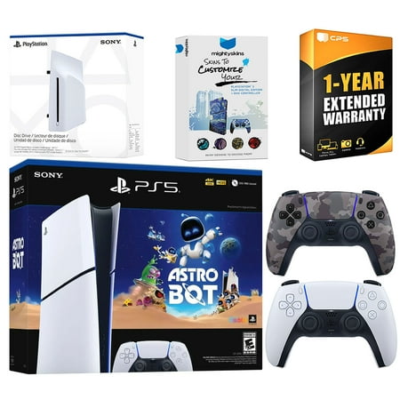Sony PlayStation 5 Astro Bot Slim Digital Bundle with Disc Drive, Extra Controller, MightySkins Voucher and 1 Year Extended Warranty - Gray Camo