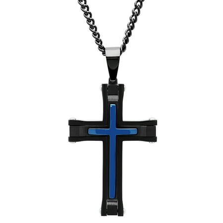 MenÃƒÂ¢ s Black and Blue Stainless Steel Cross with 24ÃƒÂ¢ Curb Chain - Mens Pendant