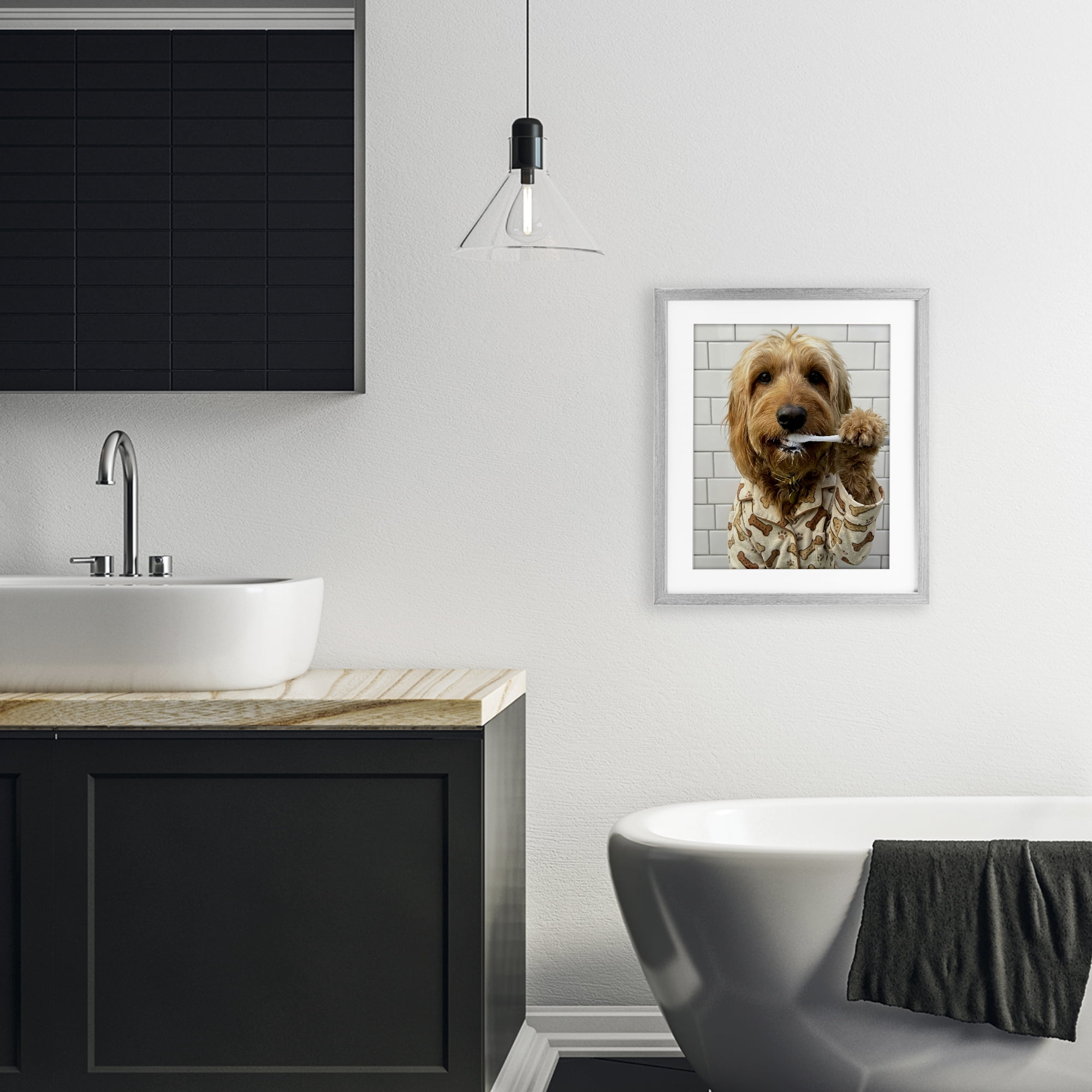Stupell Industries Realistic Dog Brushing Teeth Gray Framed Print Under Glass, design by Abigail Walker